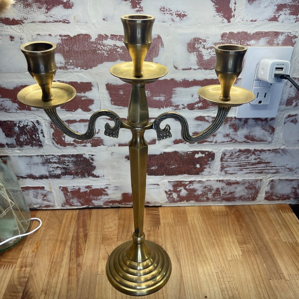 Vintage Brass 3 Arm Candelabra Ornate MCM Taper Candle Holder Centerpiece 15 in.